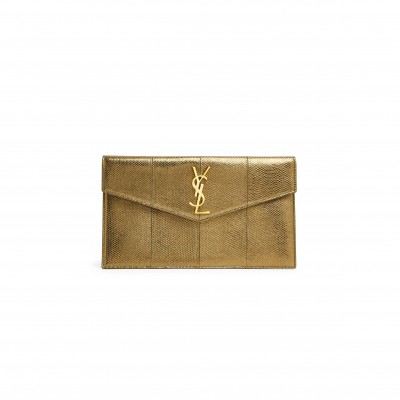 YSL UPTOWN YSL METALLIC SNAKESKIN POUCH CLUTCH BAG IN MILITARY GOLD 565739 (27*16*2cm)